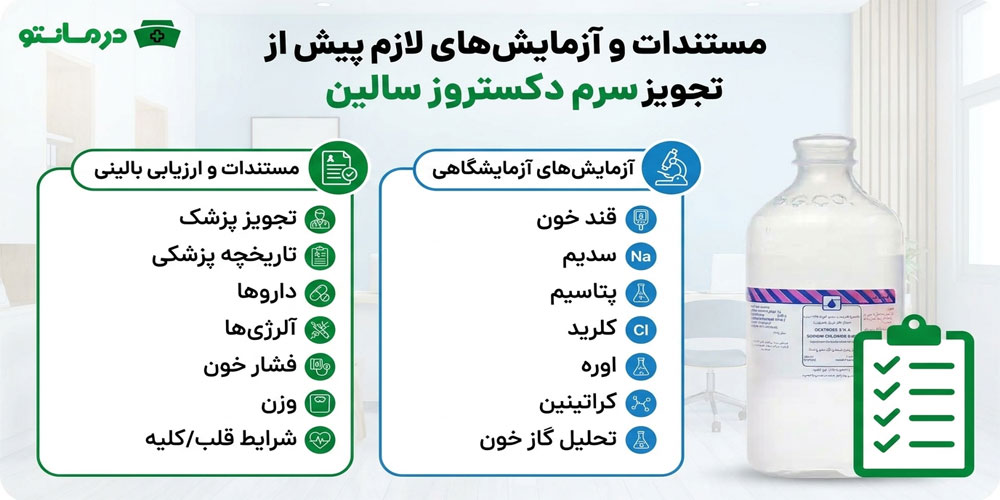 قبل از استفاده از سرم دکستروز سالین به چه آزمایشات و مستندات درمانی نیاز است؟